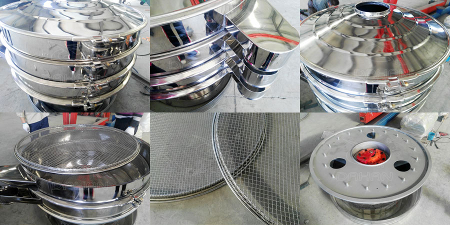 藕粉绿巨人成人网站细节：锁紧扣，出料口，防尘盖，筛网，振动底座。