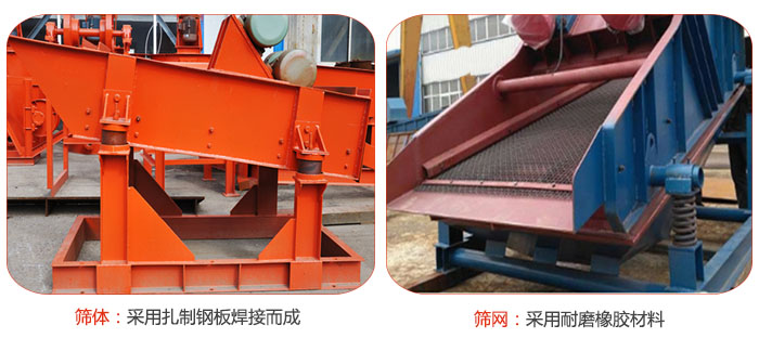 矿用绿巨人成人网站特点：筛体采用扎制钢板焊接而成，筛网采用耐磨橡胶材质