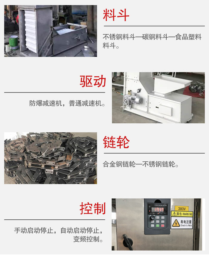 z型斗式提升机料斗：不锈钢料斗-碳钢料斗-食品塑料料斗。驱动装置采用的式防爆减速机，普通减速机两种。链轮采用合金链轮-不锈钢链轮控制器：手动启动/停止，以及自动启动停止。