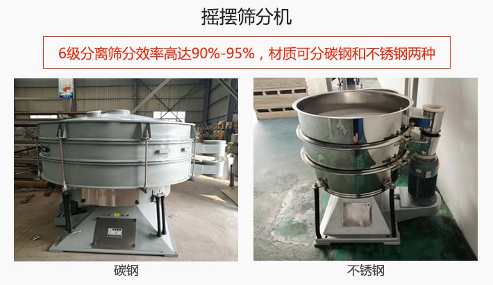 摇摆筛分机6级分离筛分效率高达90%-95%，材质可分碳钢和不锈钢两种。