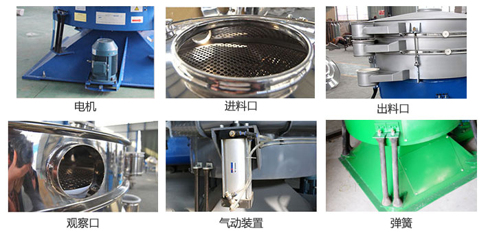 摇摆筛分机由进料口，出料口，观察口，电机，弹簧，气动装置等部件组成