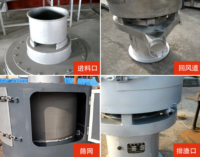 气流筛分机进料口，回风道，筛网，排渣口。