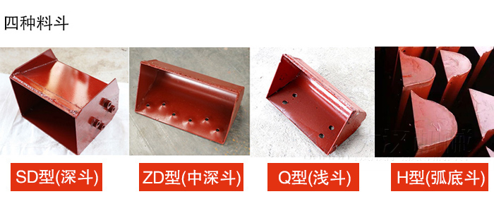 四种料斗Q型(浅斗)、H型(弧底斗)、ZD型(中深斗)SD型(深斗)展示图